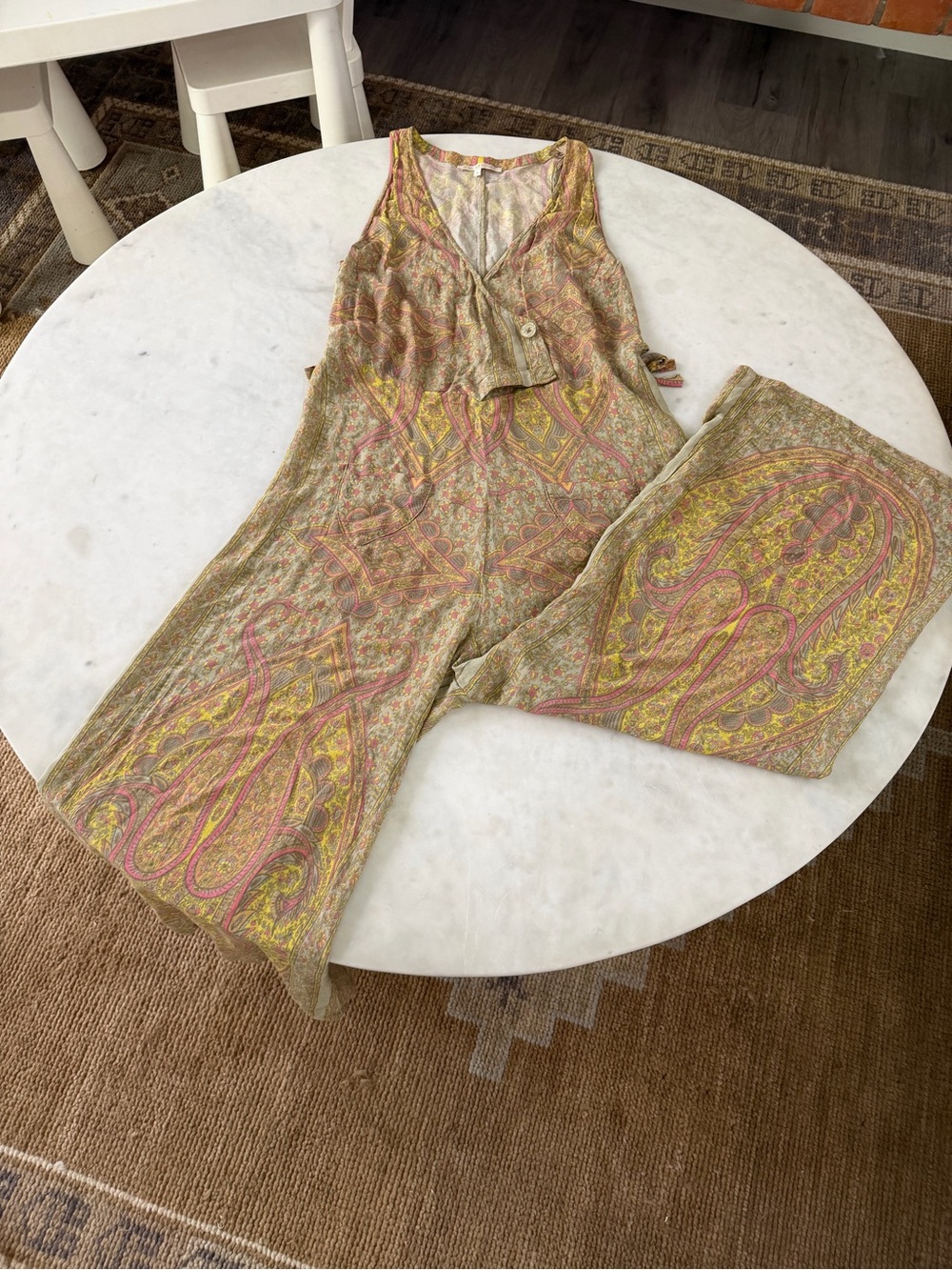 Novella Royale Sleeveless Paisley Jumpsuit in Pink and Yellow